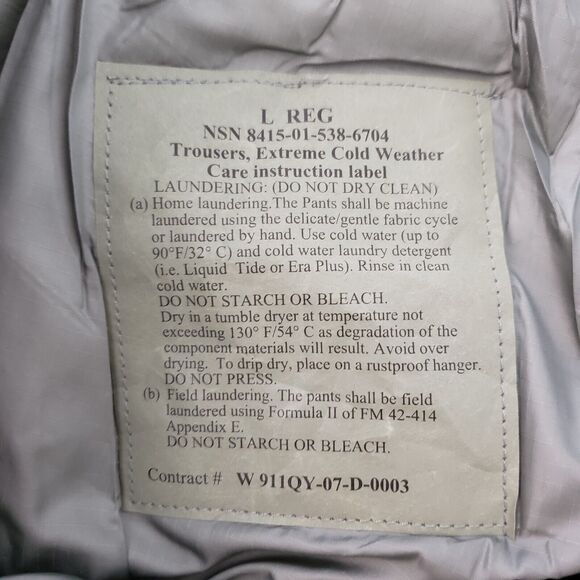 USGI GEN III Level 7 Primaloft Extreme Cold Weather Pants L Survival Gorp 40x26 - Picture 11 of 15